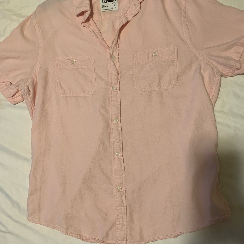 Only worn once! Super casual cotton blend button down in light pink.